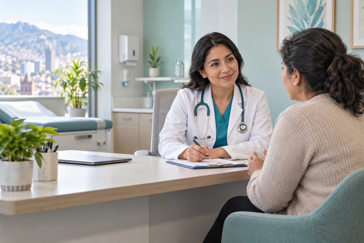 Una doctora escucha con atención a una paciente durante una consulta médica.