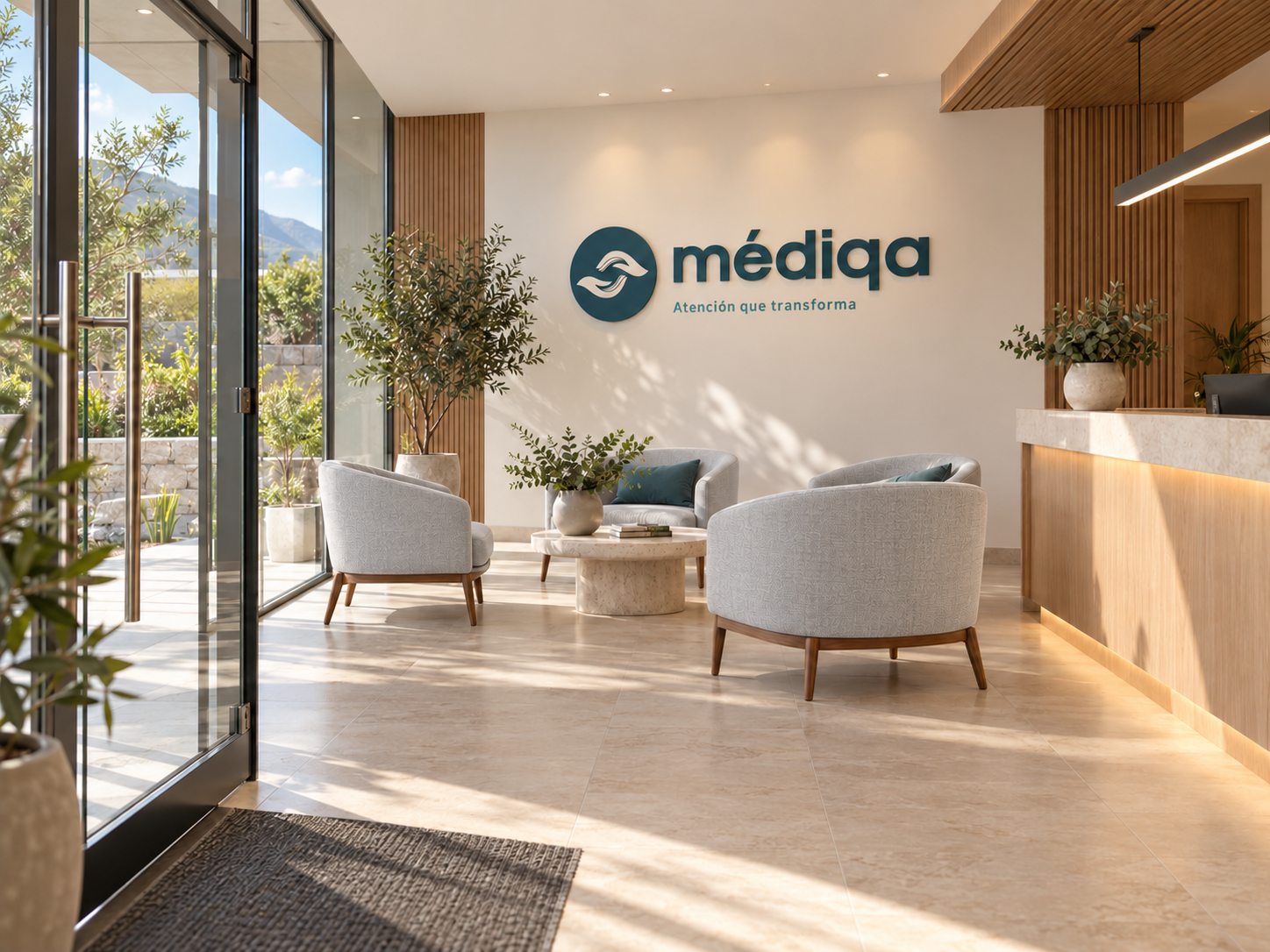 Representación referencial del interior de Médiqa, con recepción y sala de espera