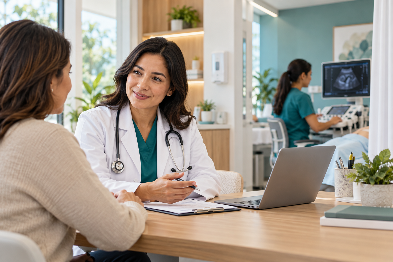 Consulta médica en una clínica con un área de diagnóstico por imagen al fondo.